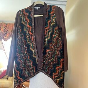 Alberto Makali geometric printed open front faux suede sweater cardigan USA